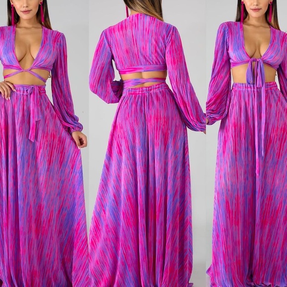 Matching Set! Cotton Candy Hot Pink Purple Long Sleeve Wrap Top Maxi Skirt Vacay - Picture 2 of 14